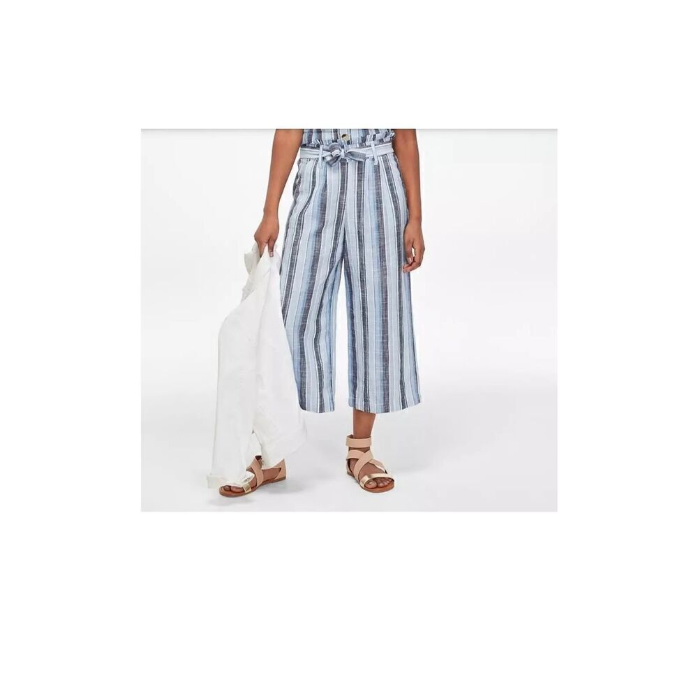 Justice Girl's Wide Leg Linen Belted Pants Blue White Gray Stripes Sz 8